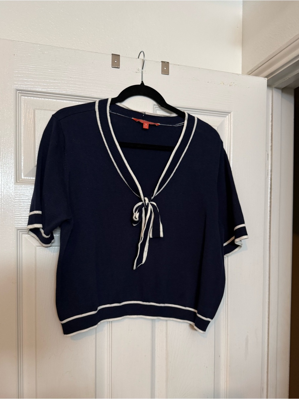 Modcloth Navy Sailor Tie-Front Knit Top with White Trim